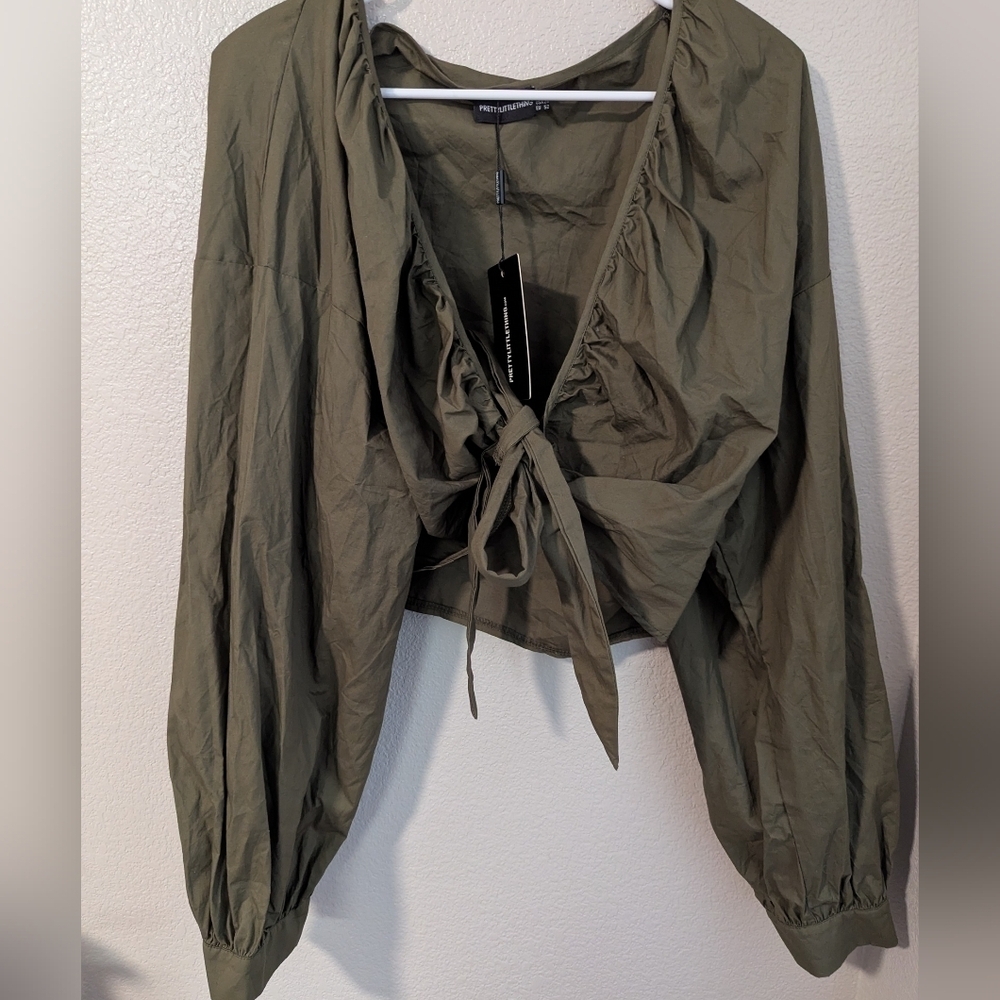 PLT,Khaki RuchedOlive Green Women's Tie-Front Top - Picture 4 of 6
